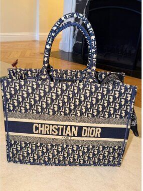 Christian Dior Medium Book Tote Style Bag + Matching Pouch | Blue Oblique Print